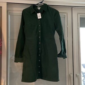 Green Button-Up Micro-cord Shirt Dress